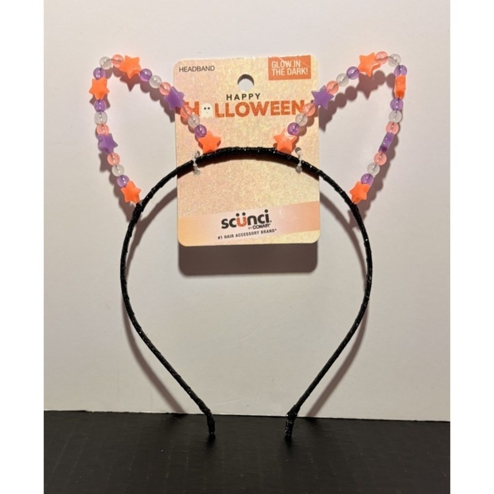 Scunci Kitty Ears Glow-in-the-Dark Black Headband Metal Stars Bead‎ 2024 NWT